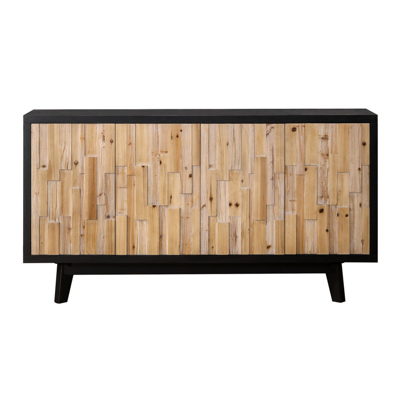 Buffet en bois naturel avec 4 portes et décoration géométrique - Unité de rangement spacieuse à 4 portes en bois rustique, fonctionnelle