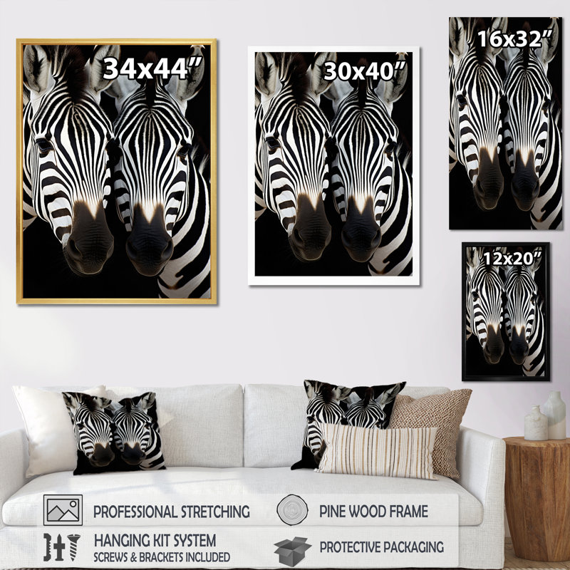 Portrait de zèbre noir et blanc en duo, Doré, H 20 po x l 12 po x P 1 po