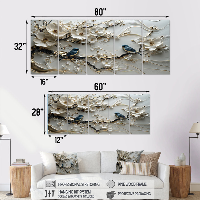 Birds Love Under A Gold White Orchid Tree Garden VI - Ensemble de décoration murale cerisier en fleurs, H 32 po x l 80 po