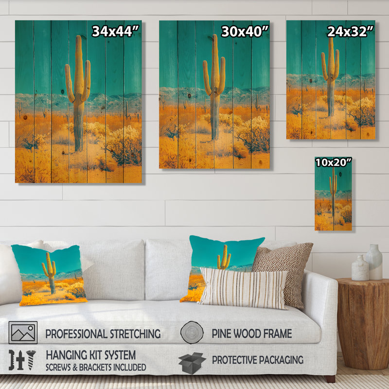 Saguaro dans le soleil du désert - Art mural bois de cactus floral - sur bois de pin naturel, H 20 po x l 10 po x P 0,78 po