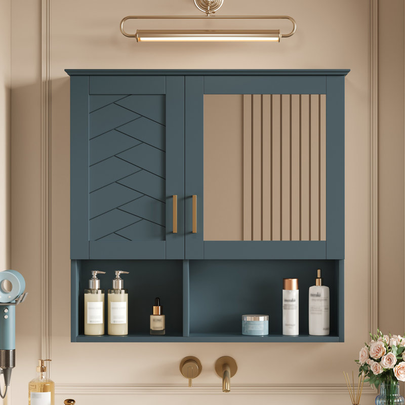 Armoire à pharmacie murale 30 "avec tablettes ouvertes, armoire de salle de bain moderne avec miroir, armoire à miroir, Bleu