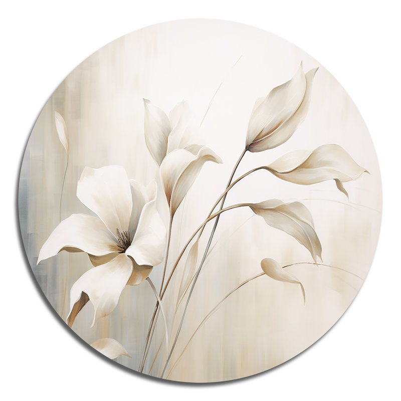 Blanc botanique élégance III - Art abstrait rond en métal, H 23 po x l 23 po 