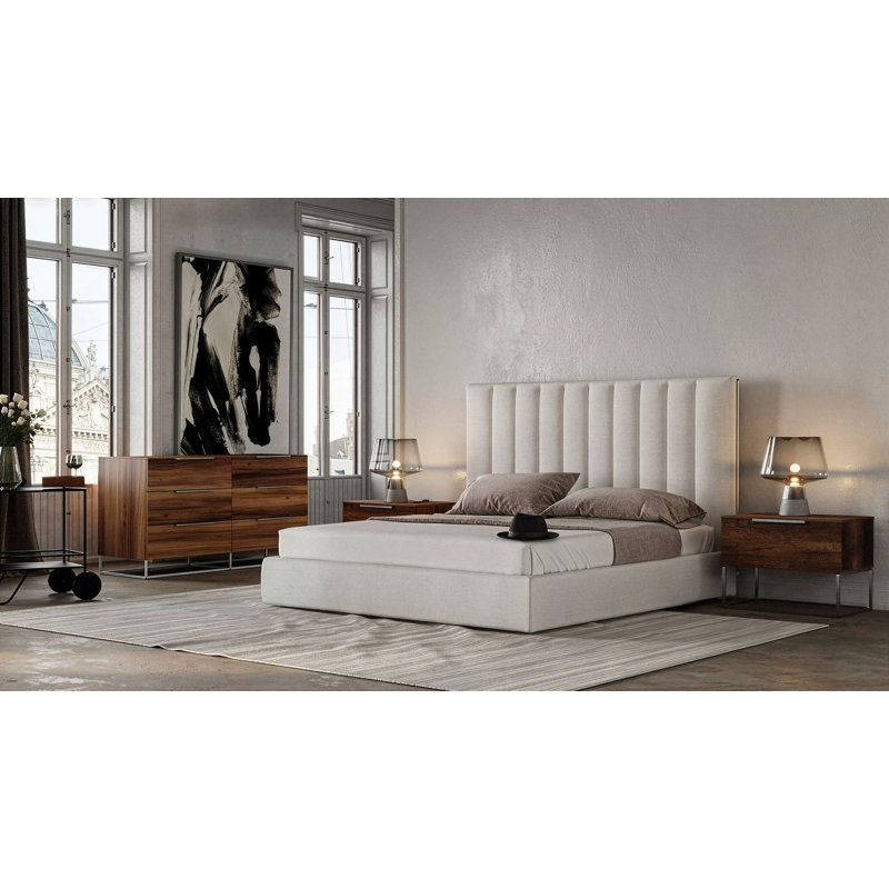 Ensemble de chambre à coucher 4 pièces Valhalla + Lorenzo - Tissu blanc moderne + chêne clair, Grand lit