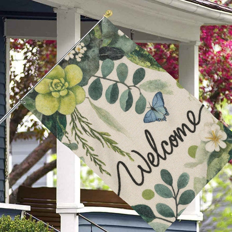 Drapeau de bienvenue Greenery Butterfly, pour intérieur et extérieur, 35 x 24
