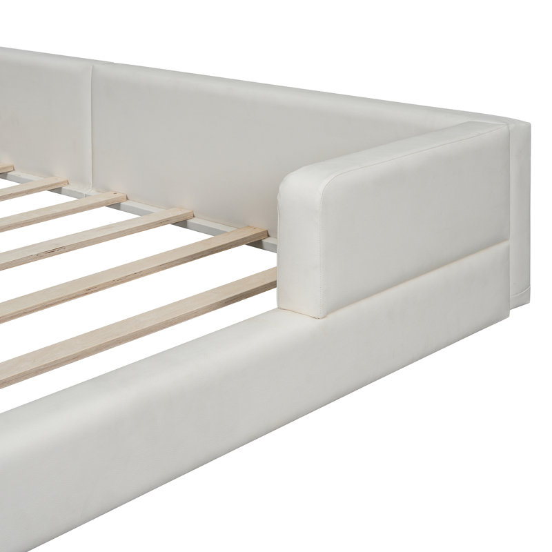 Grand lit plateforme tapissier avec lumières - Tête de lit spacieuse en cuir blanc pour la lecture