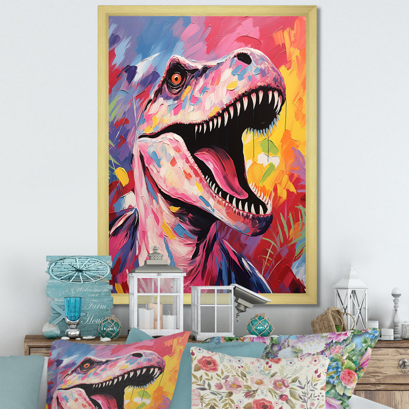 Popart Dino Elegance - dinosaure, art mural, H 40 po x l 30 po x P 1,5 po, Cadre doré simple