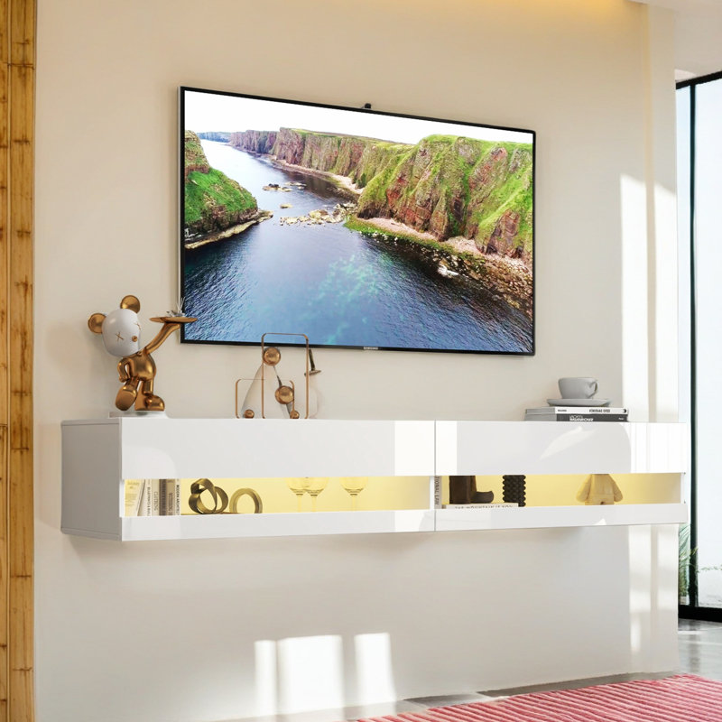 180 Wall Mounted Floating 80" TV Stand With 20 Color Leds And Charging Station, White