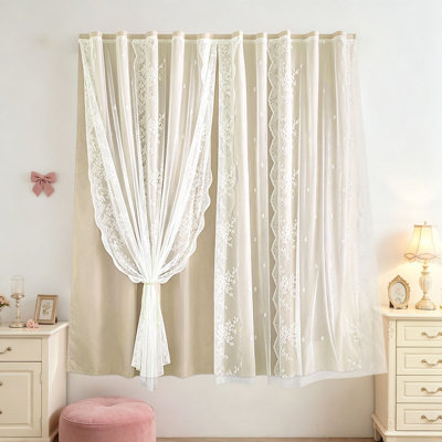 2 Panels Blackout Curtains, No Drill Velcro Blackout Curtains with Lace Sheer Overlay, Double Layer Blackout Curtains for Bedroom Window, No Installation Required, Multiple Colors & Sizes Available
