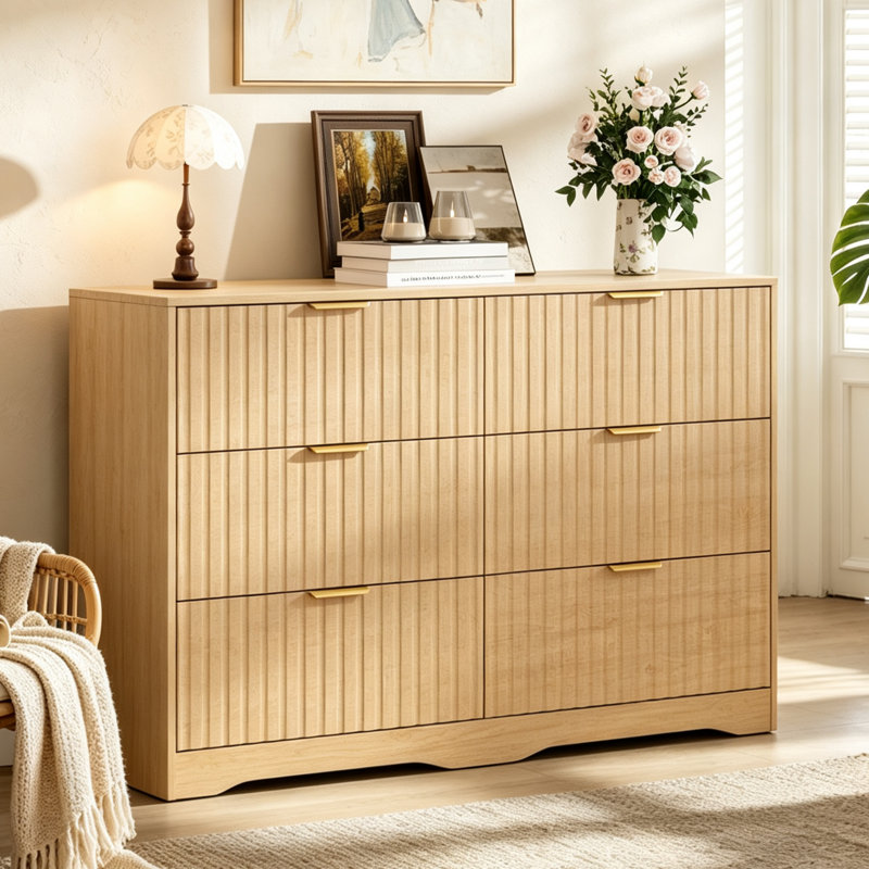 Commode en bois cannelé de 55 pouces à 6 tiroirs, Chêne naturel