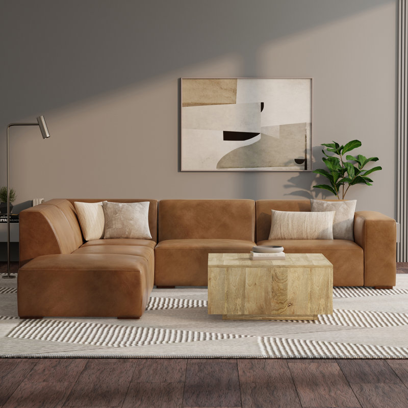 Rex Sectional Modular Sofa and Ottoman Set 116-inch-wide L-Shaped Leather Sofa and Matching 34-inch-wide Table Ottoman for Living Room