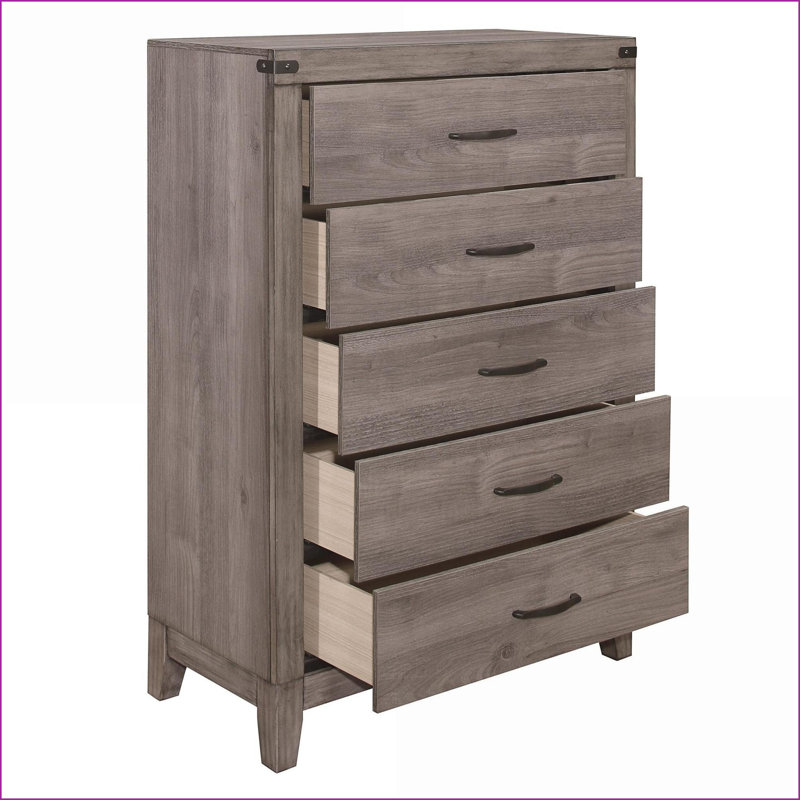 Commodes et amp; Armoire, commode industrielle 5 tiroirs gris brunâtre avec quincaillerie en métal foncé | Brun gris | Bois