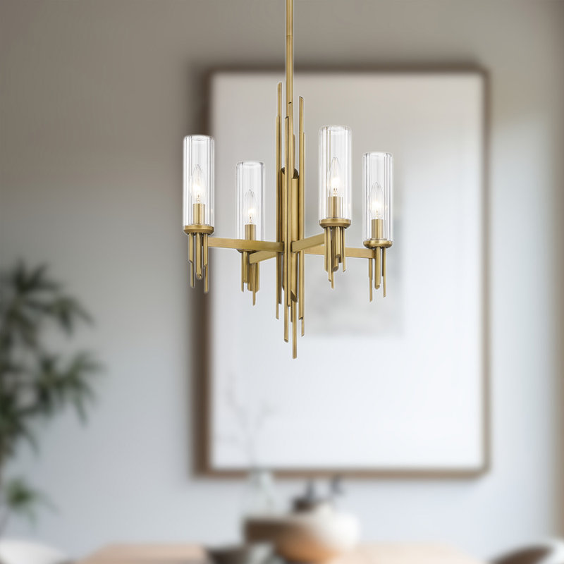 Lustre linéaire moderne à 4 lumières de style bougie Torres, Laiton rétro / nervuré transparent