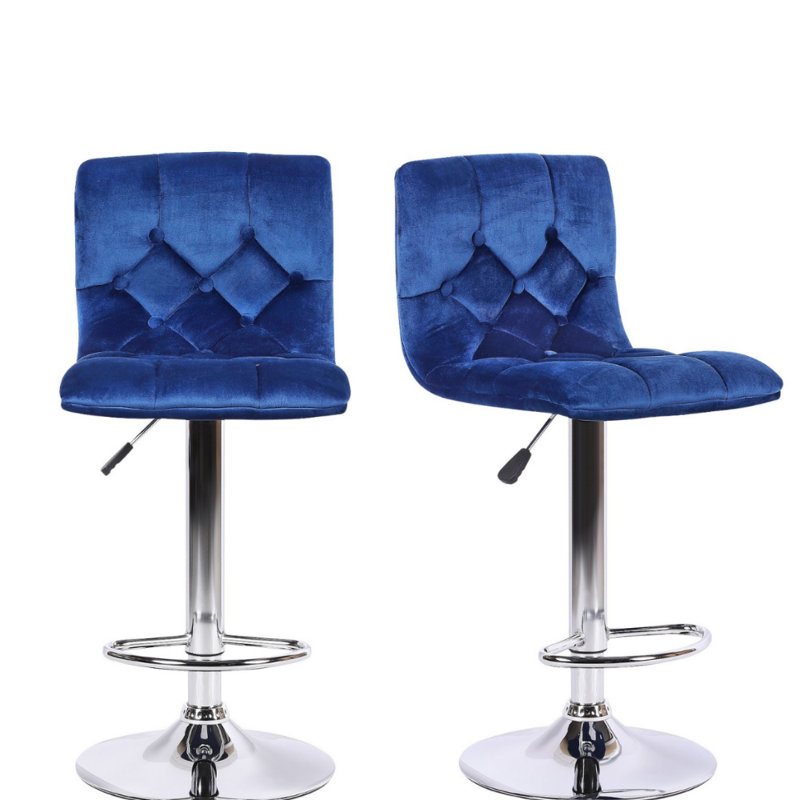 Tabouret réglable en velours Khui avec base piédestal en chrome, Bleu