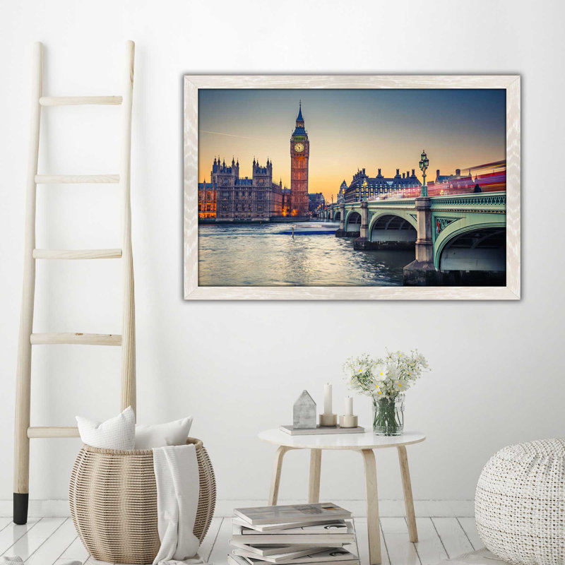 " Big Ben ", 21.5" H x 27.5" W x 0.75" D, Cream Distressed Framed