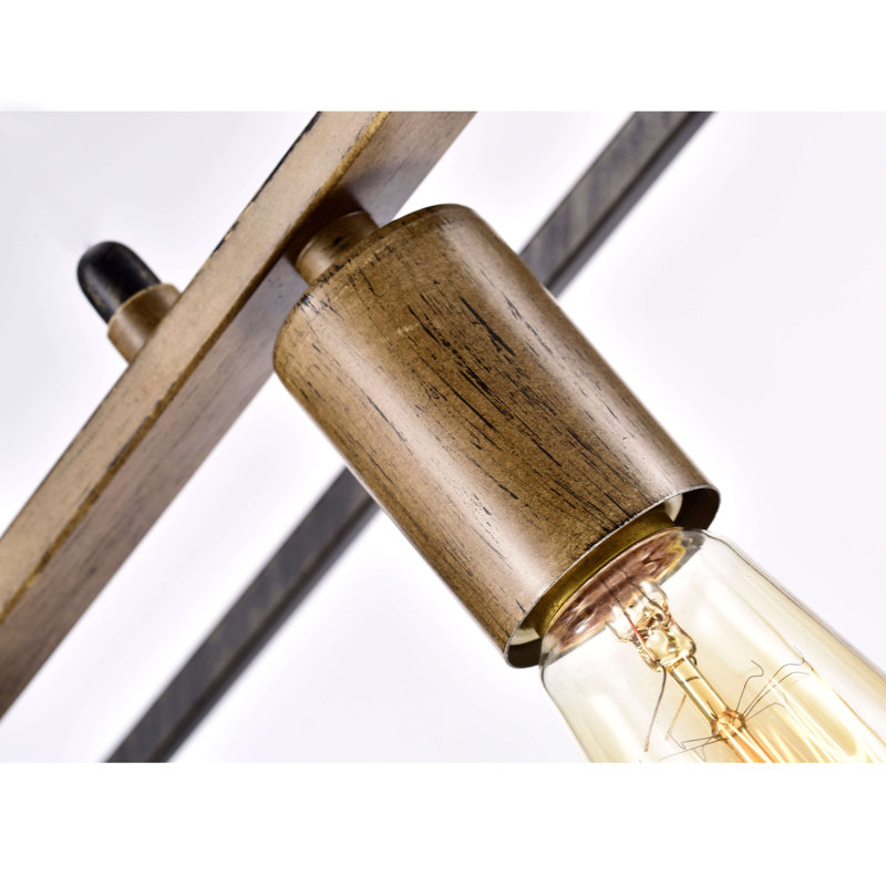 Luminaire suspendu en fer 4 lumières noir antique et imitation grain de bois Kian