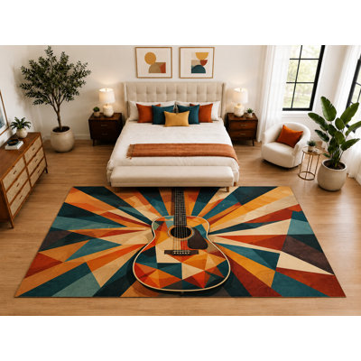 "Ultra Thin" Large 6'7" x 9'10" Sunburst Acoustic Guitar Rug, Soft Low Pile Indoor Rug, Non-Slip Silicone Backing for Bedroom Orange