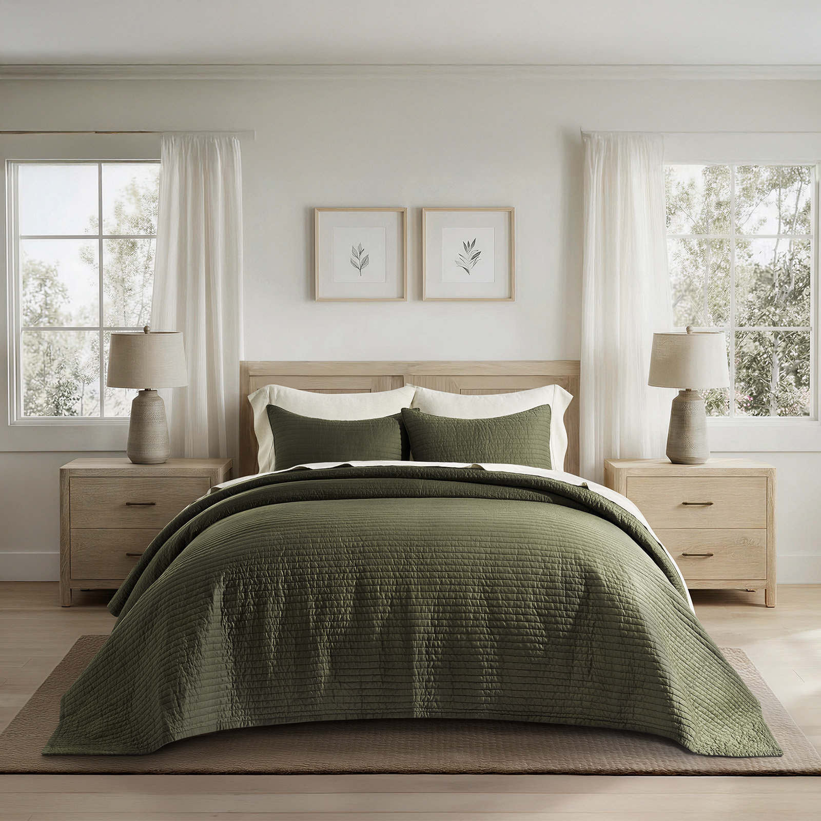 Cotton Sateen Quilt Set, California King + 2 Pillow Shams, Olive Green