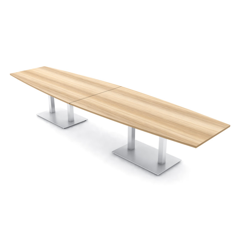 Table de conférence en forme de bateau avec base en métal double, L 168 po x l 48 po, Blond blond cendré, Argent argent