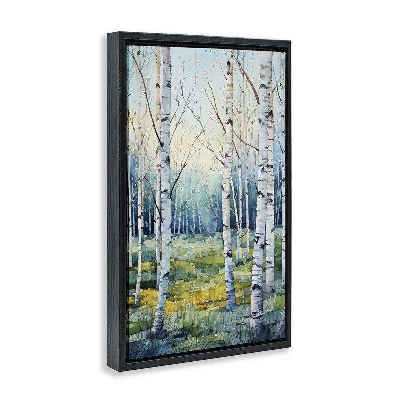 «Summer Birch Forest», toile flottante encadrée par Roozbeh Bahramali, Cadre flottant noir de jais, H 25 po x l 17 po