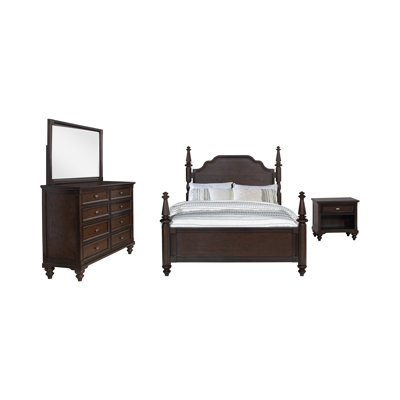 Ensemble de grand lit à affiche 4 pièces Meon, chêne foncé classique, miroir de commode
