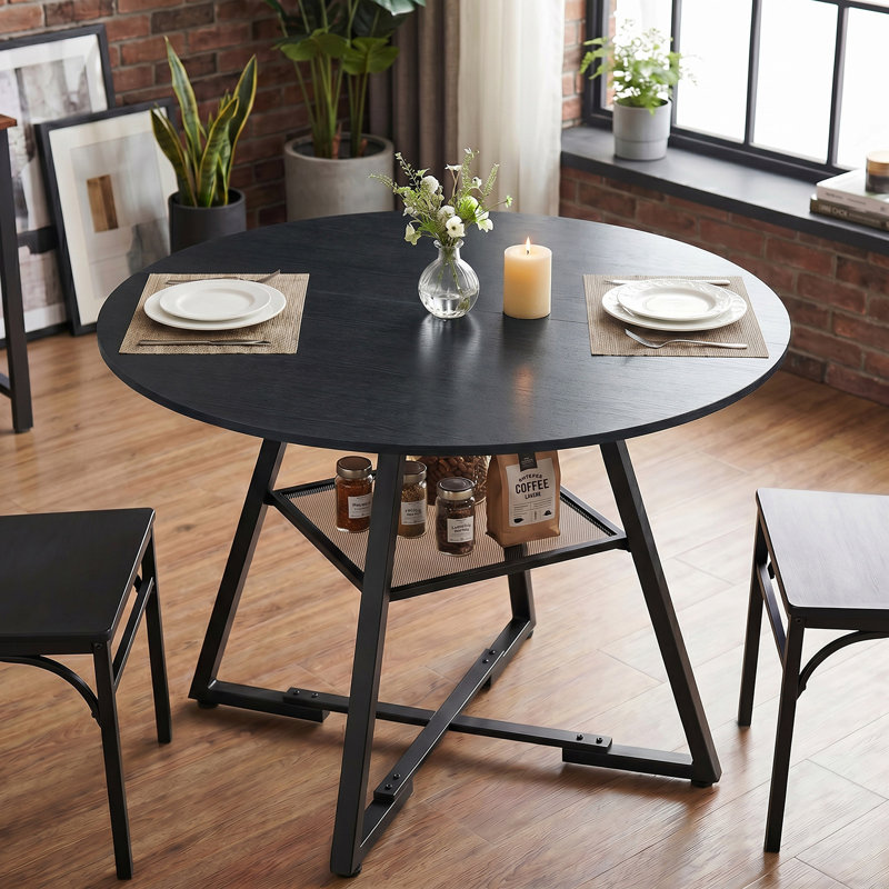 Table de salle à manger ronde industrielle Amous avec pieds croisés pour 4 personnes, table de cuisine fixe avec étagère de rangement en maille