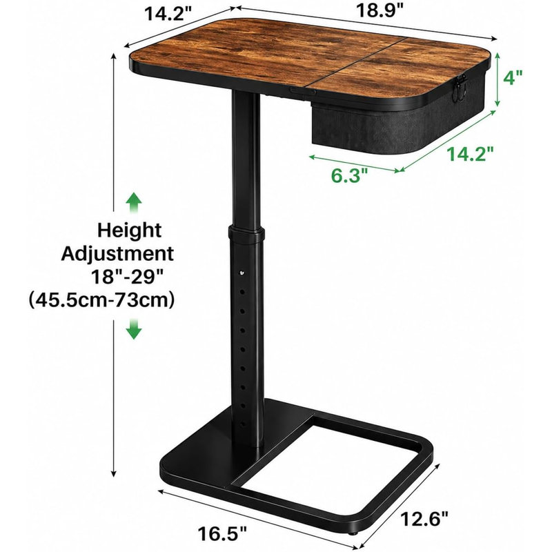 Large TV Tray Table with Flip-Top Storage, Adjustable Height