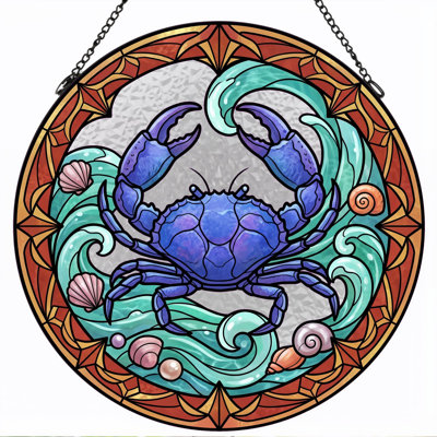 Crab Wave Stained Glass Window Panel，7.8H