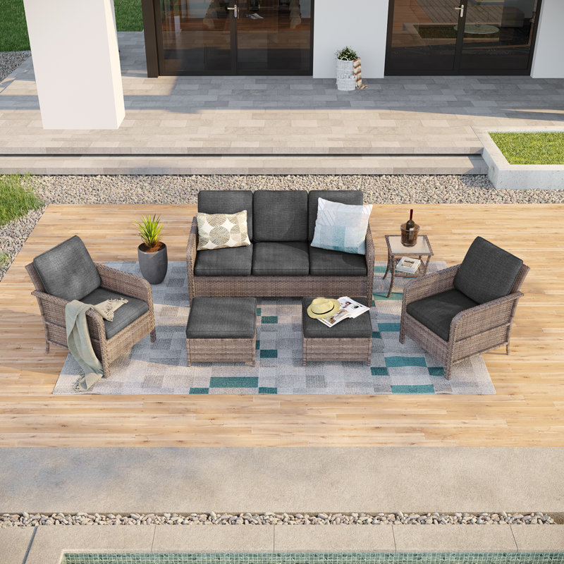 6 Piece Patio Sofa with Table Set with Cushion, Black Grey