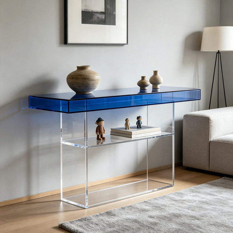 Console en acrylique transparent à base transparente, H 31,5 po x l 55,12 po x P 11,81 po