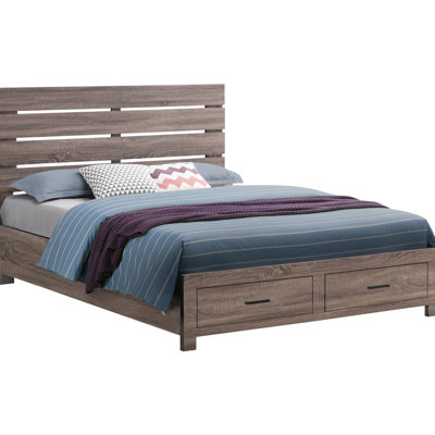 Très grand lit en chêne de style oriental avec tête de lit à lattes et rangement dissimulé, lit au design esthétique chaleureux, caractéristique, robustesse en bois d'ingénierie, sans sommier