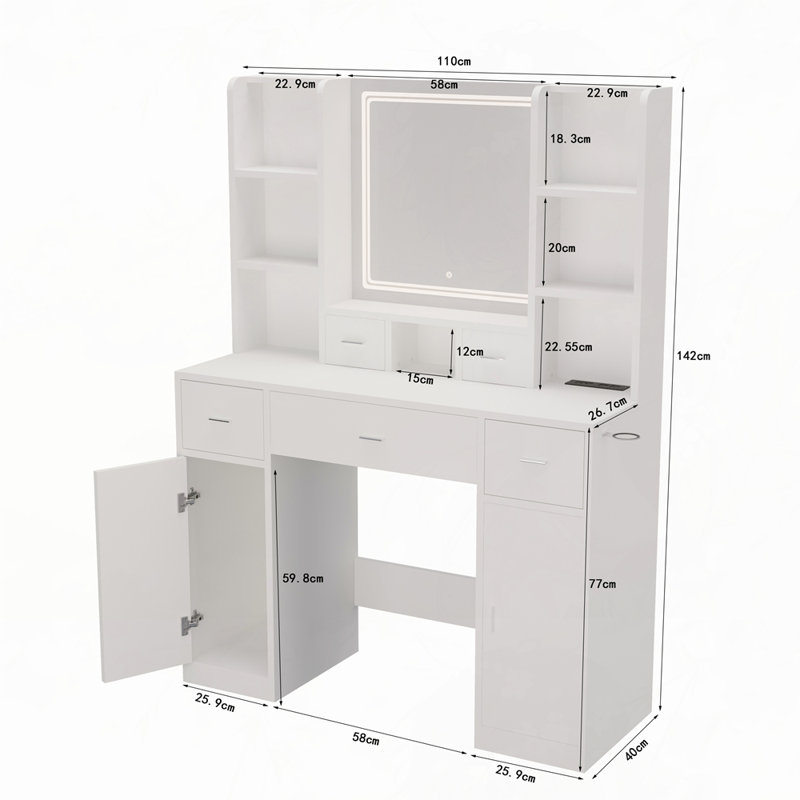 The vanity with LED mirror is equipped with a hair dryer rack, and the vanity in the bedroom and dressing room is equipped with a dressing pad
