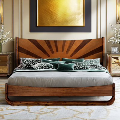 Sunset Solid Wood Bed Frame Solid Wood Bed Frame with Artistic Patterned Headboard, Mid-Century Art Deco Design