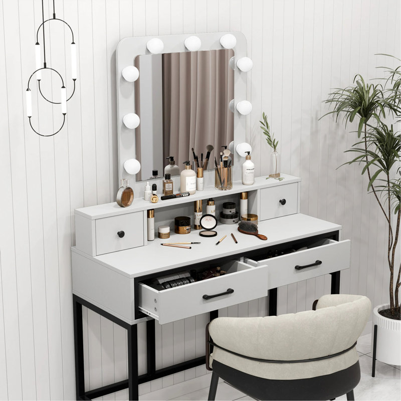 Bureau de coiffeuse avec miroir et lumières, bureau de coiffeuse avec miroir Hollywood à intensité variable à 3 couleurs, table de maquillage avec 4 tiroirs, grande coiffeuse pour femmes filles