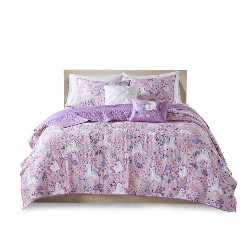 Lola Unicorn Reversible Cotton Quilt Set with Throw Pillows, Twin / Twin XL Quilt + 1 Sham + 2 Throw Pillows, Pink