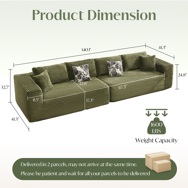 Canapé modulaire à compression de 140 po, conception en L surdimensionnée avec assise profonde et 4 coussins, velours côtelé rembourré pour le salon, aucun assemblage requis (vert)