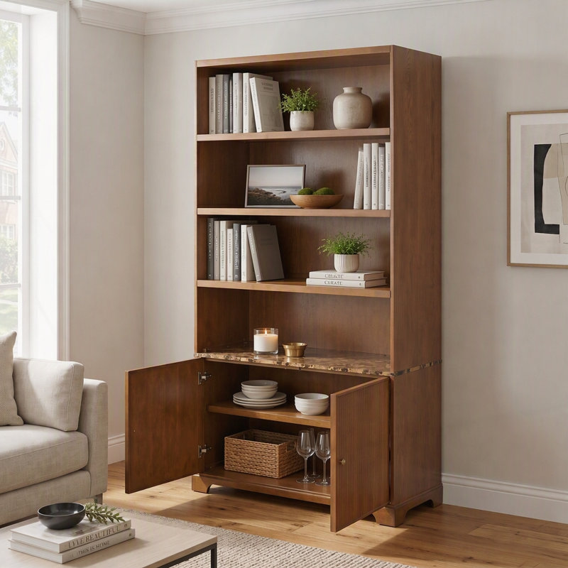 Grande armoire de rangement avec portes cannelées et plateau en faux marbre, Walnut