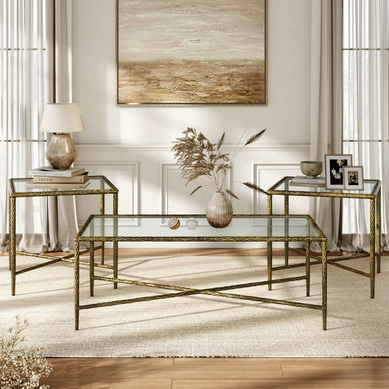Ensemble de 3 tables basses en métal martelé à motif en X de style moderne Lalia, Or mat