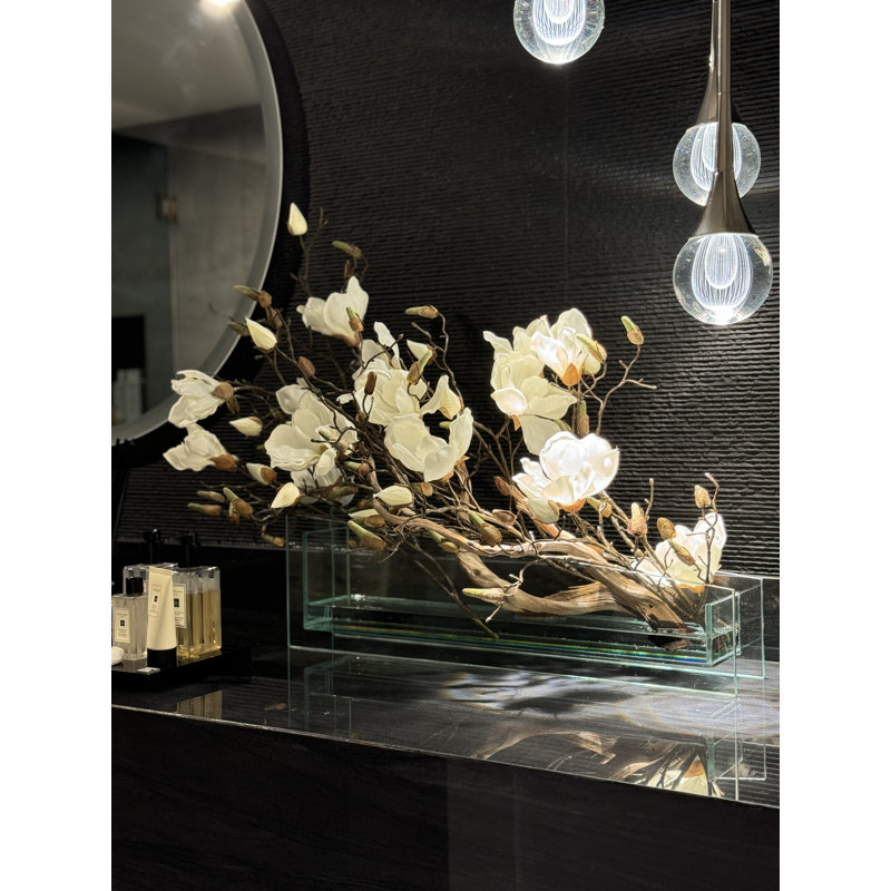 Sloped Glass Planter With White Magnolias