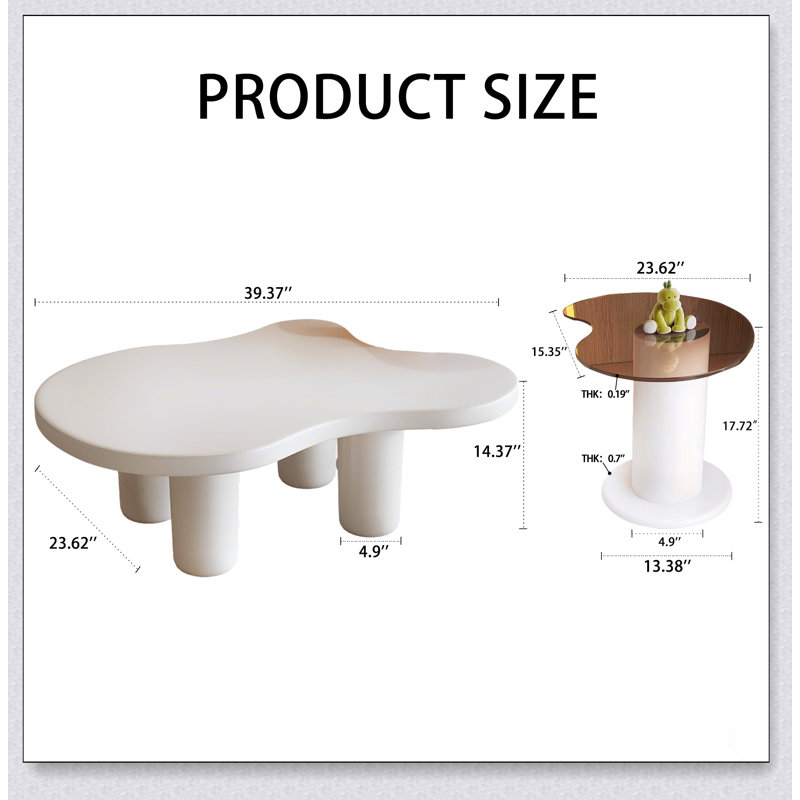 Ensemble de 2 tables basses gigognes blanches et crème de style irrégulier avec plateau en verre pour le salon, facile à assembler