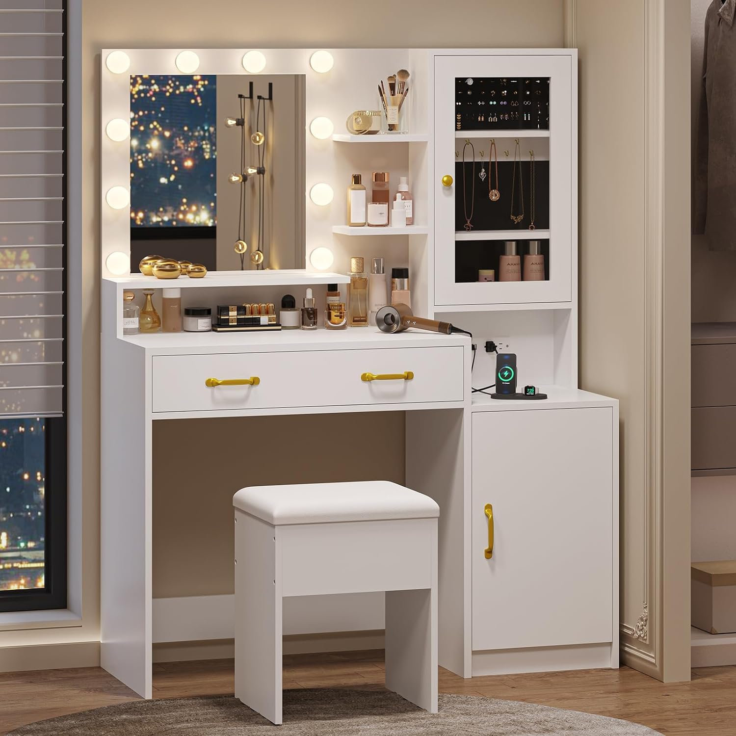 Mercer41 Bejan Vanity Desk With Lighted Mirror & Upholstered Storage ...