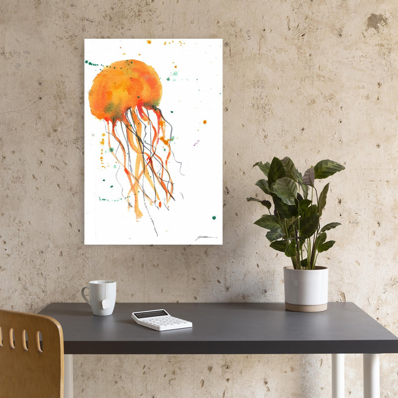 Impression d'art mural orange méduse aquarelle orange, 18" H x 12" W