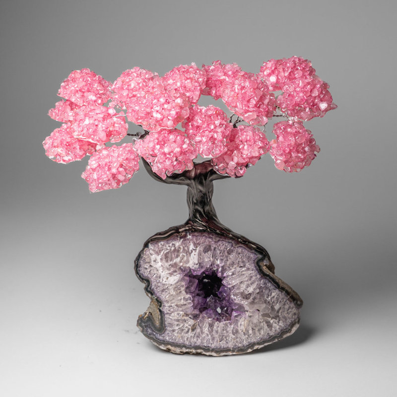 Custom - Genuine Rose Quartz Clustered Gemstone Tree On Amethyst Geode Matrix (The Love Tree)