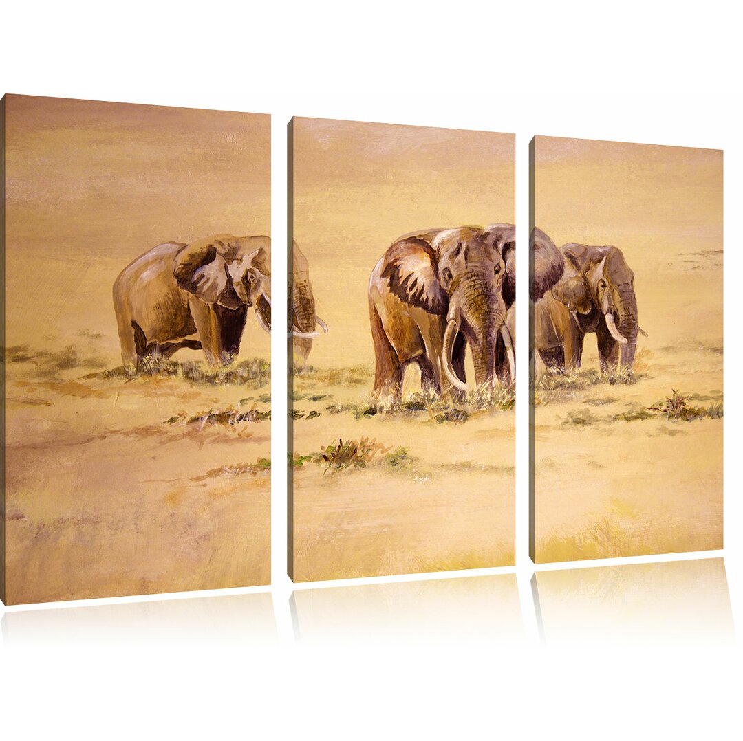 3-tlg. Leinwandbild-Set „Afrikanische Elefanten in Südafrika“, Kunstdruck