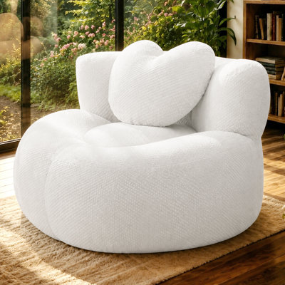Chaise longue ronde surdimensionnée sans structure en velours côtelé blanc à motif de losanges avec coussins décoratifs, fauteuil nuage sans montage pour salon
