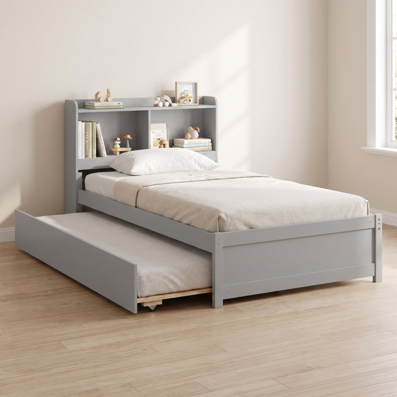 Lit plateforme pour adolescent avec bibliothèque et lit gigogne simple, Simple, Gris