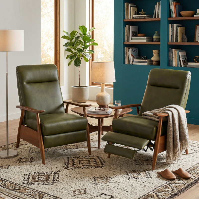Fauteuil inclinable avec accoudoirs en bois Imona - vert fougère - ensemble de 2, Similicuir vert