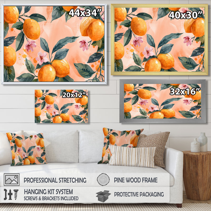 Art floral jaune jaune, rose, orange, arbres III, Toile tendue, H 16 po x l 32 po