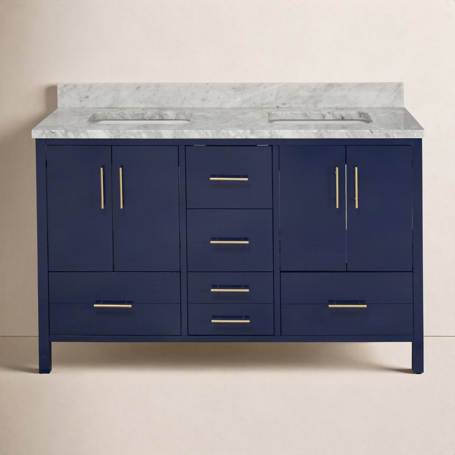 Kiara 60'' Double Bathroom Vanity, Royal Blue, Carrara Marble