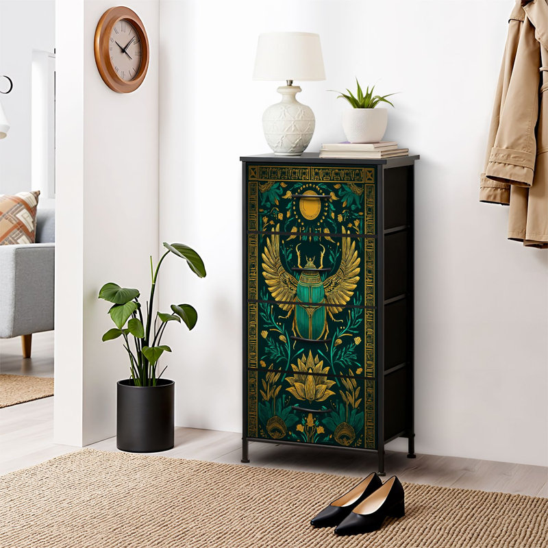 Commode 4 tiroirs pour chambre à coucher, commode étroite, plateau en bois et structure en fer de travail 18 po x 37,5 po - (l x H)