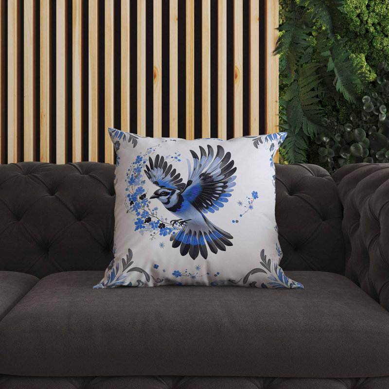 Coussin intérieur / extérieur Blaze Bird, Carré 16 po, Bleu / Noir